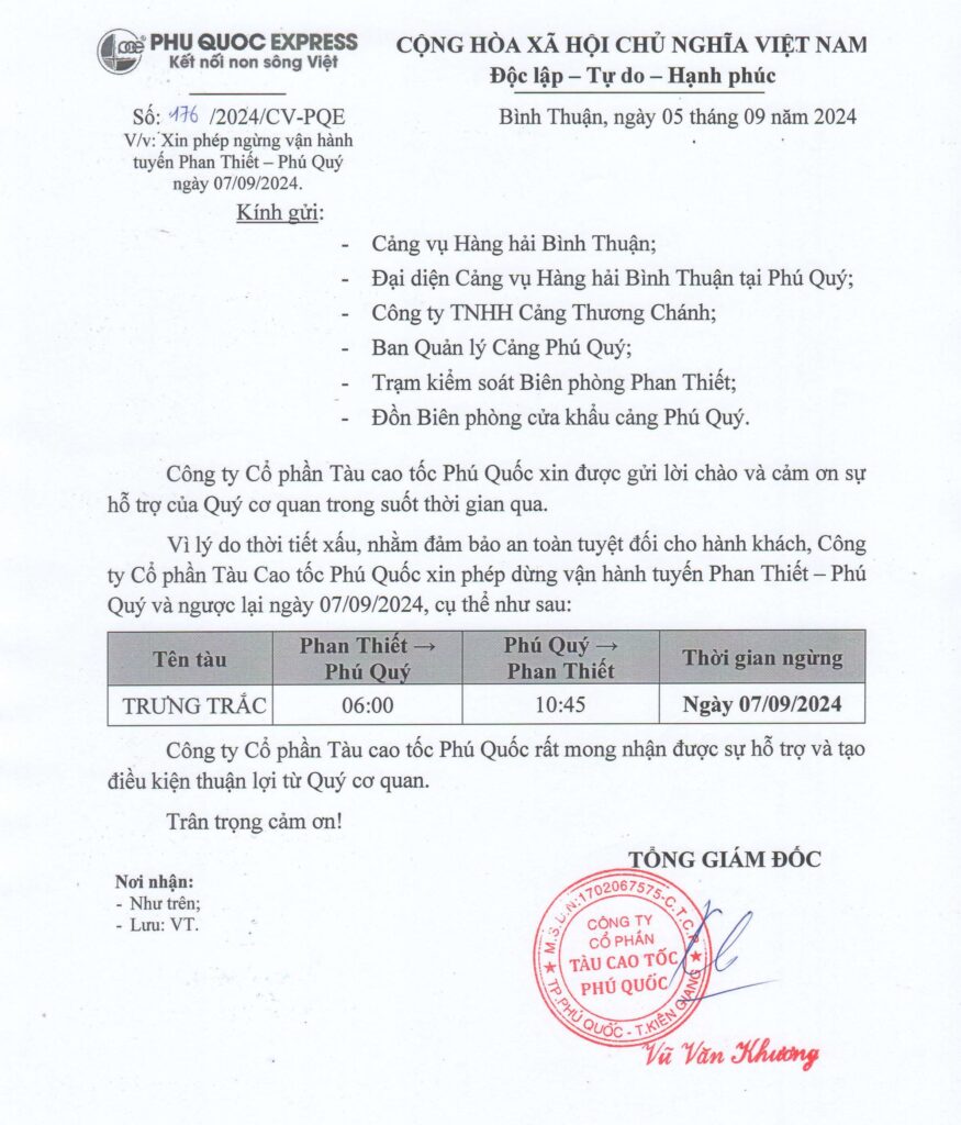 thông báo ngừng vận hành tuyến phan thiết phú quý 07/09/2024